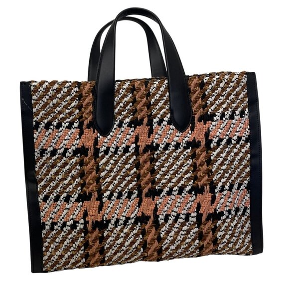 Kate Spade Manhattan Plaid Chunky Woven Fabric Large Tote Leather Straps & Tag p - Picture 3 of 6